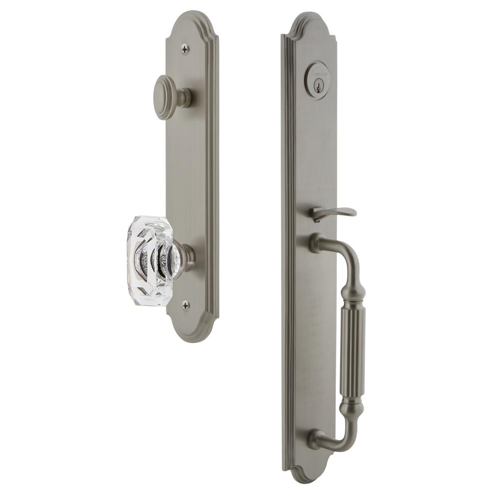 Grandeur by Nostalgic Warehouse ARCFGRBCC Arc One-Piece Handleset with F Grip and Baguette Clear Crystal Knob in Satin Nickel